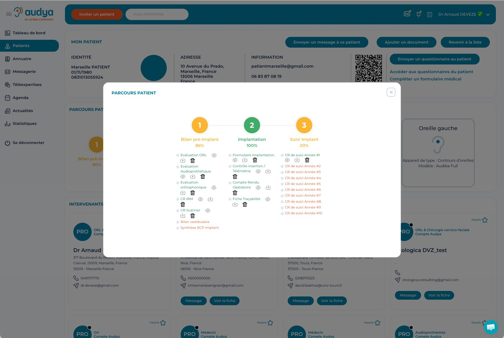 Tableau de bord Audya — vue dossier patient avec parcours de
soins
